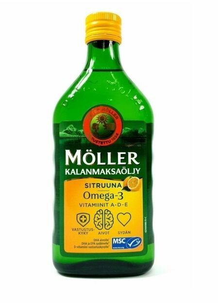 Картинки Moller Omega 3 рыбий жир в бутылке со вкусом лимона 500 мл (Финляндия)