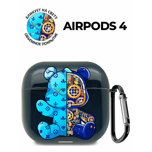 Чехол на Apple AirPods 4 с принтом "Синий Мишка с механизмом" черный синий, черный, голубой