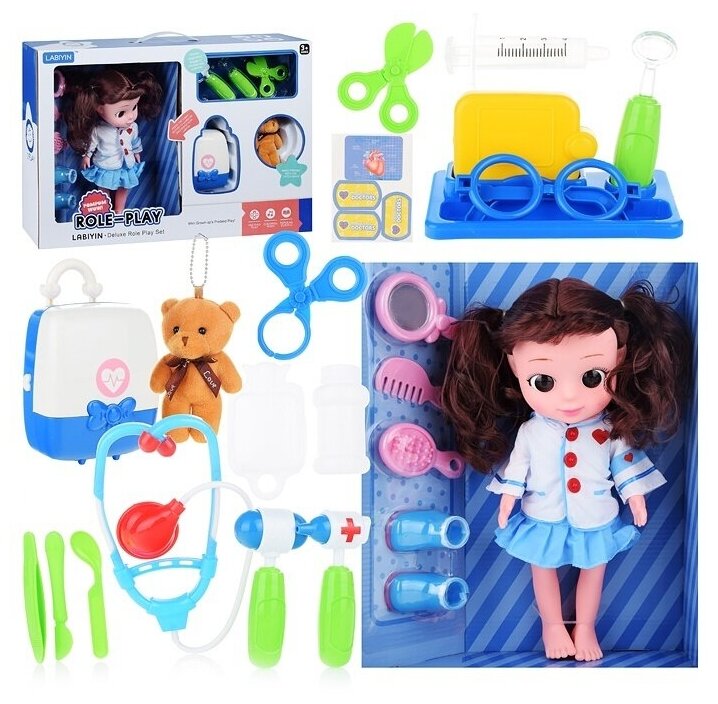 Кукла Oubaoloon музыкальная, 32 см, с аксессуарами, набором доктора, чемоданом и мягкой игрушкой, в коробке (339-5C)