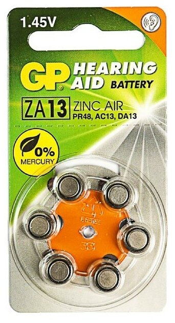 Батарейка цинковая GP ZA13 (PR48)-6BL для слуховых аппаратов 1.45В блистер 6 шт.