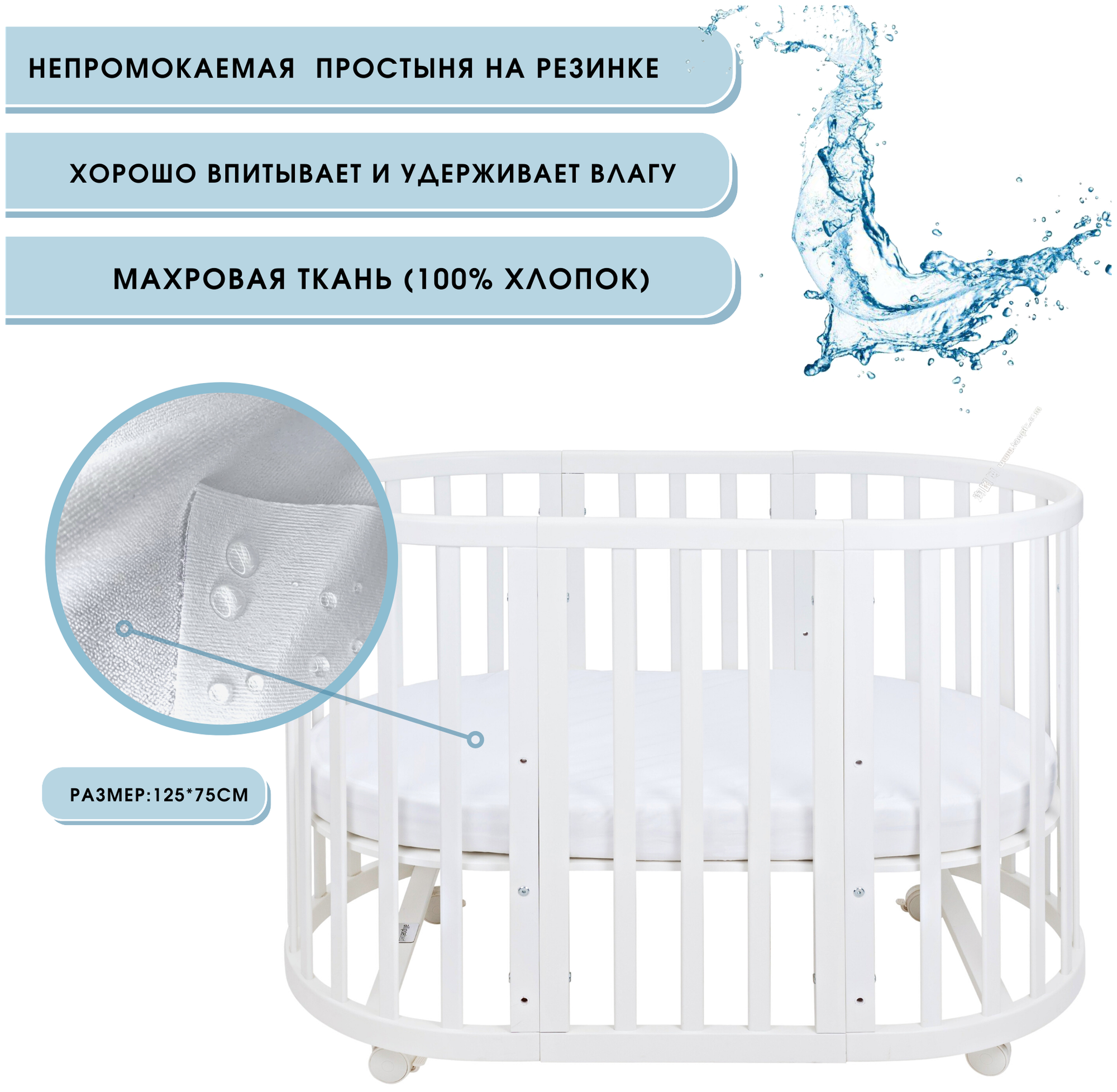 Непромокаемая овальная простыня 75*125 см на резинке с бортами из хлопка для детей Мулетон-Аквастоп Наматрасник Хлопок 100 % BabyGood