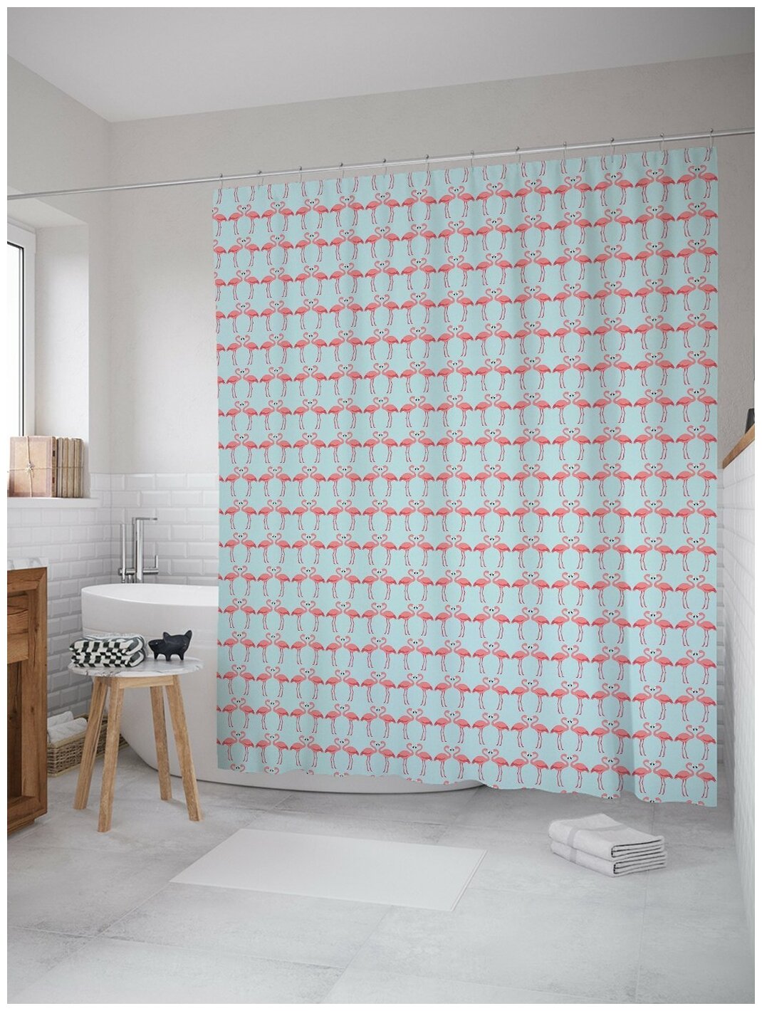 Штора водоотталкивающая для ванной, занавеска в ванную комнату тканевая JoyArty "Ряды фламинго", 180х200 см