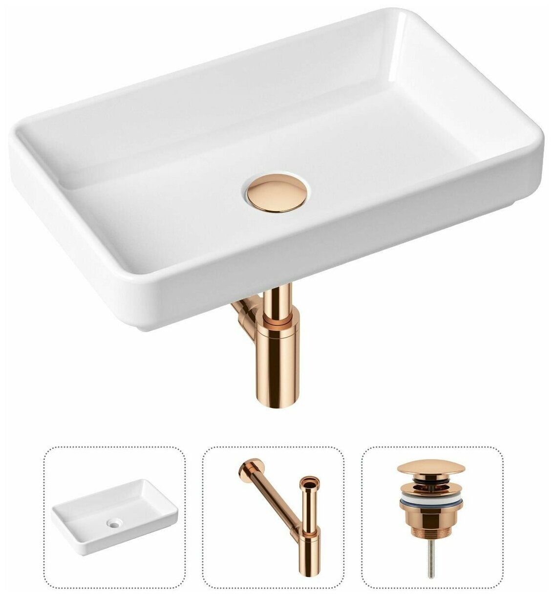 Комплект 3 в 1 Lavinia Boho Bathroom Sink 21520120: накладная фарфоровая раковина 55 см, металлический сифон, донный клапан