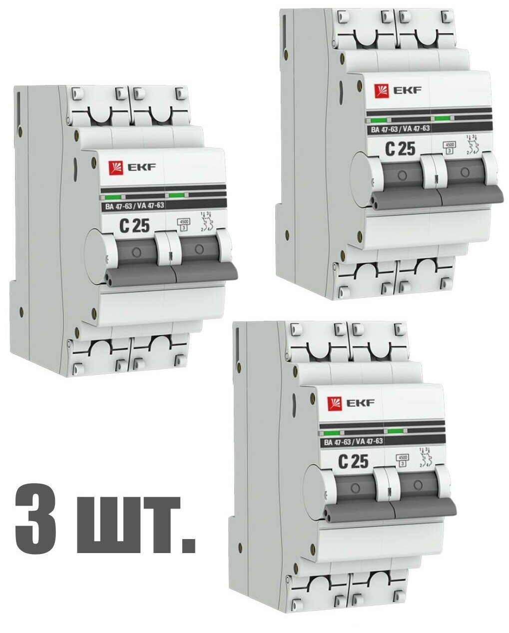 Автоматический выключатель EKF 2P 25А (C) 4,5kA ВА 47-63 EKF PROxima 3 штуки