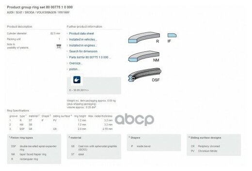 Поршневые кольца Kolbenshmidt 800077510000 82.50 1.2x1.2x2.0 STD Audi, Skoda, Volkswagen 1.8TFSi-2.0TFSi (CAWA, CAWB, CDAA)