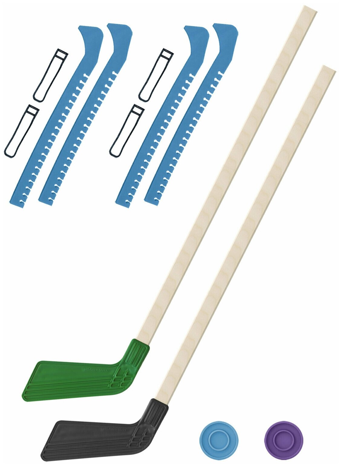 Детский хоккейный набор для игр на улице Клюшка хоккейная детская 2 шт зелёная и чёрная 80 см.+2 шайбы + Чехлы для коньков голубые - 2 шт. Винтер