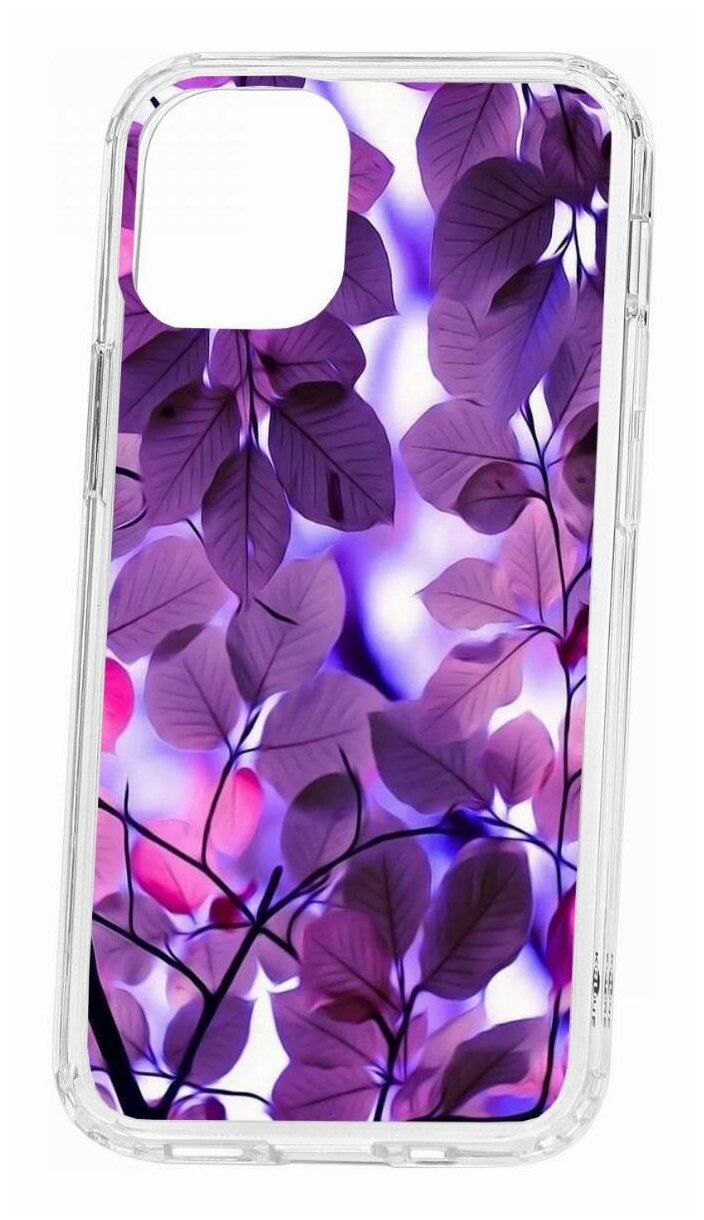 Чехол для iPhone 12 mini Kruche Print Purple leaves, противоударная пластиковая накладка с рисунком, защитный силиконовый бампер с защитой камеры