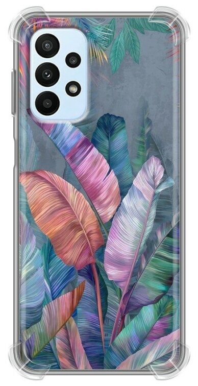 Дизайнерский силиконовый с усиленными углами чехол для Самсунг Гэлакси А23 / Samsung Galaxy A23 Тропические листья