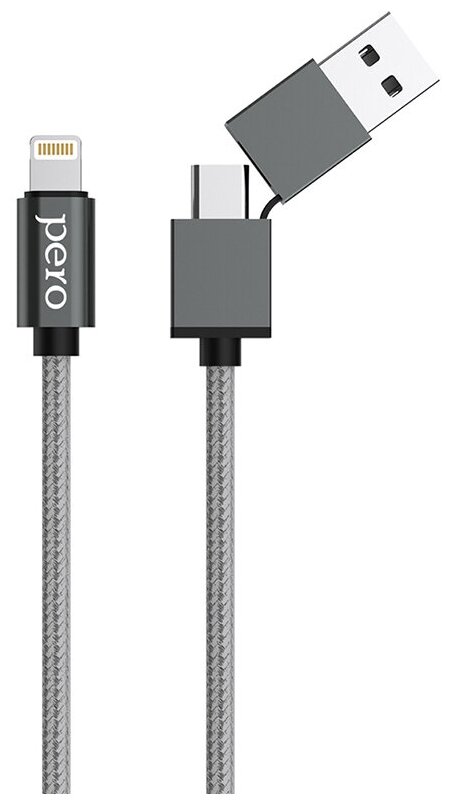 Дата-кабель Pero DC-07 UNIVERSAL 2 in 1, USB-A + PD to Lightning, 1m, Silver