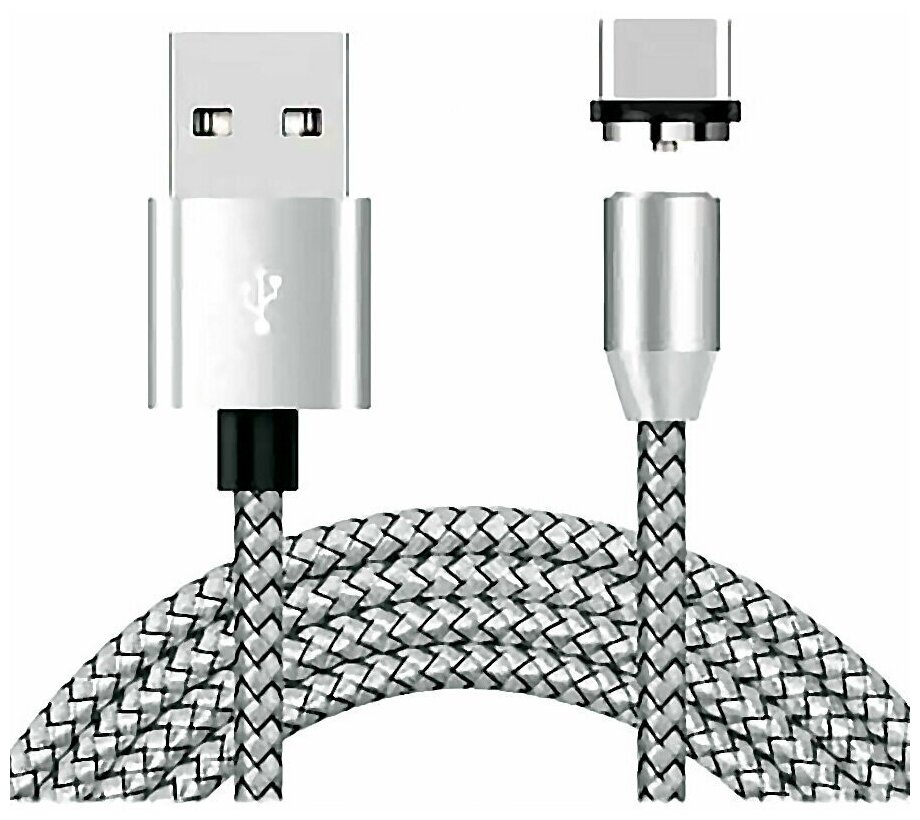 Магнитный USB-кабель для зарядки телефона 3в1 с 3-мя разъемами. Провод с Type-C, Micro-USB и Lightning, серебряный шнур