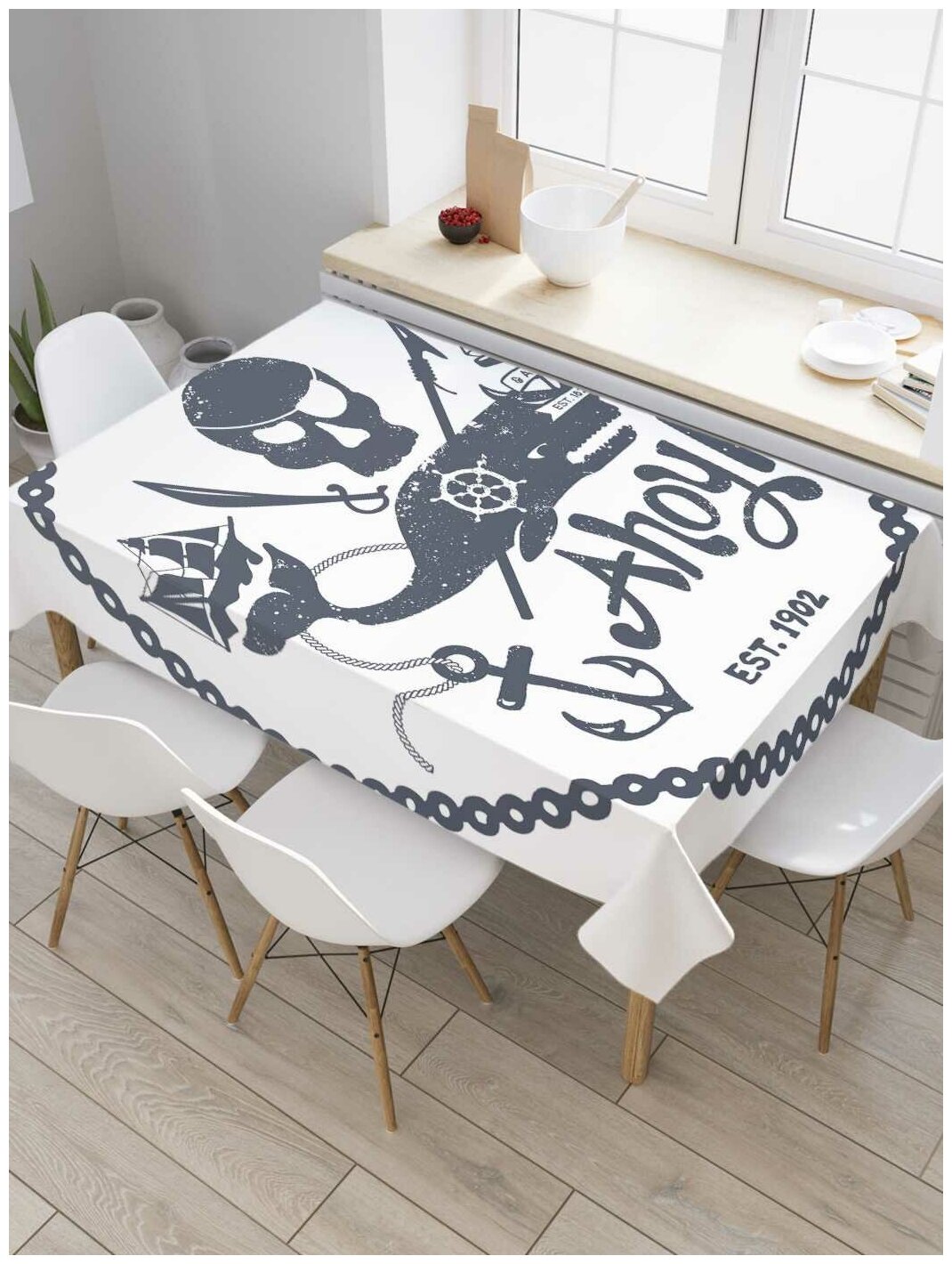 Скатерть прямоугольная JoyArty на кухонный стол "Пиратский клич" из оксфорда, 120x145 см