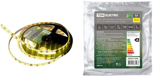 Лента светодиодная SMD2835-60 LED/м-IP20-12 В-4,8 Вт/м-желтый (5 м) TDM