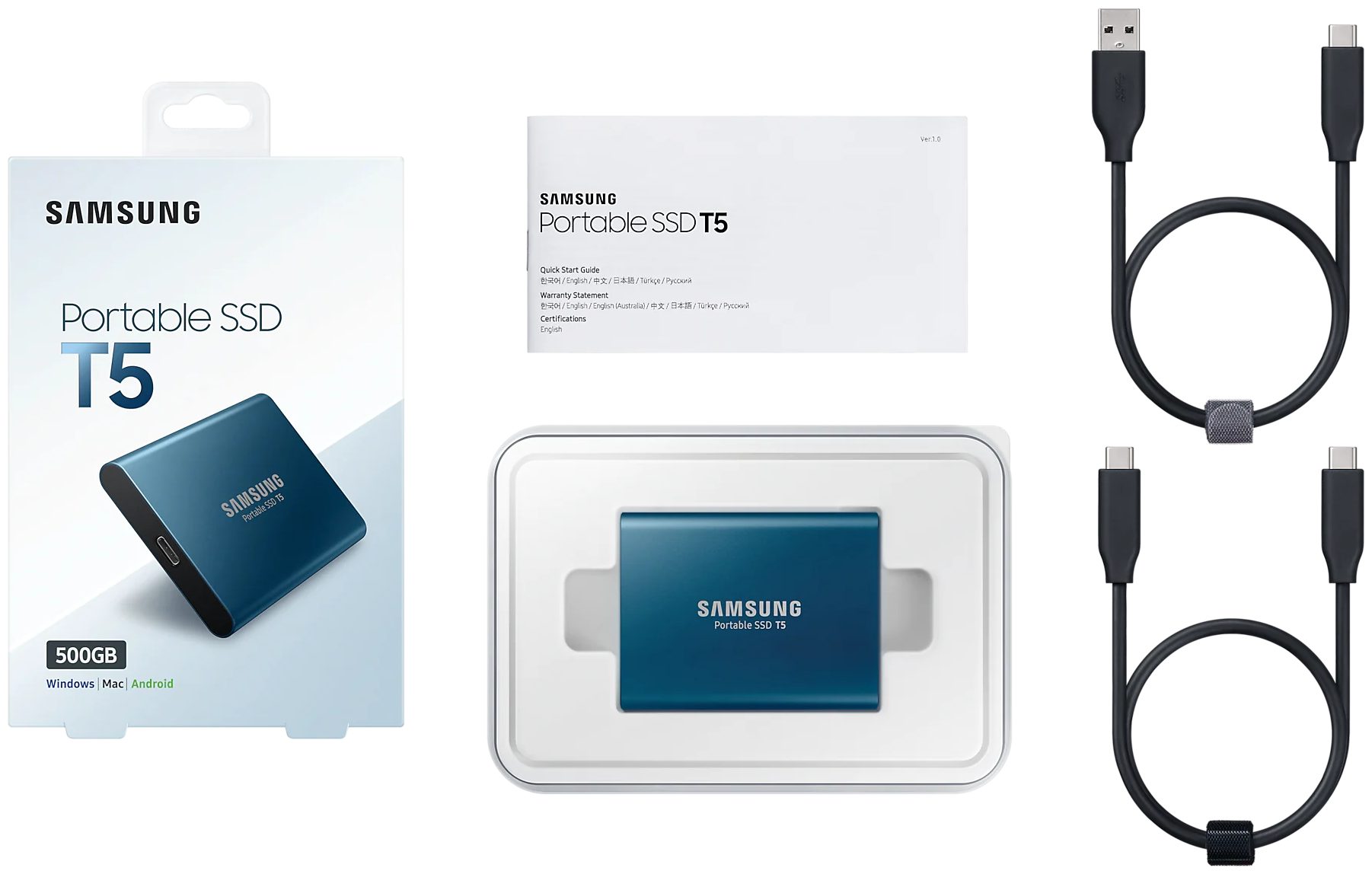 2 ТБ Внешний портативный твердотельный SSD накопитель Samsung T5 (MU-PA2T0B/WW) USB 3.1, черный