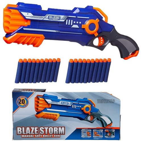 Бластер Junfa Toys Blaze Storm синий с 20 мягкими пулями, механический бластер junfa toys blaze storm серый с 20 мягкими пулями электромеханический