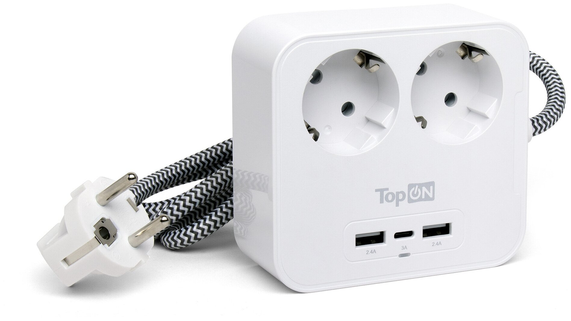 Сетевой фильтр TopON TOP-PWS2 на 2 розетки с 2 USB-A и USB-C, 4000W, 1.5 м Белый