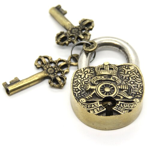 фото Замок навесной бронзовый, с гербом, 2 ключа, индия презент
