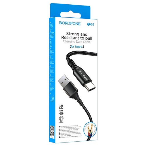 Кабель BOROFONE USB BX54 Ultra Bright Type-C, 1м, 3A, нейлон (черный) кабель usb type c borofone bx54 ultra bright чёрный 1м