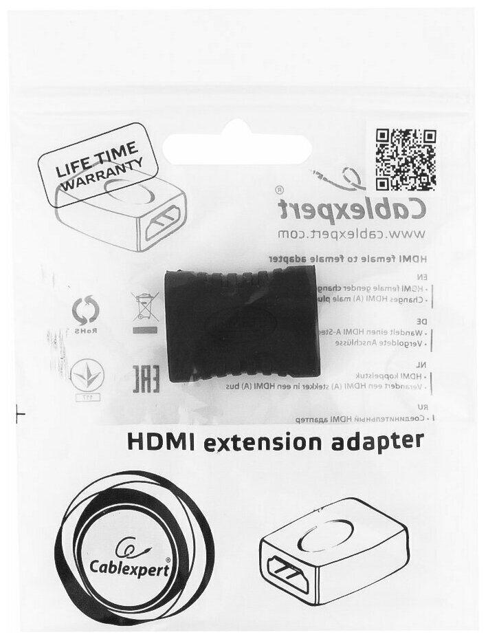 Переходник HDMI-HDMI Cablexpert A-HDMI-FF, 19F/19F, золотые разъемы, черный