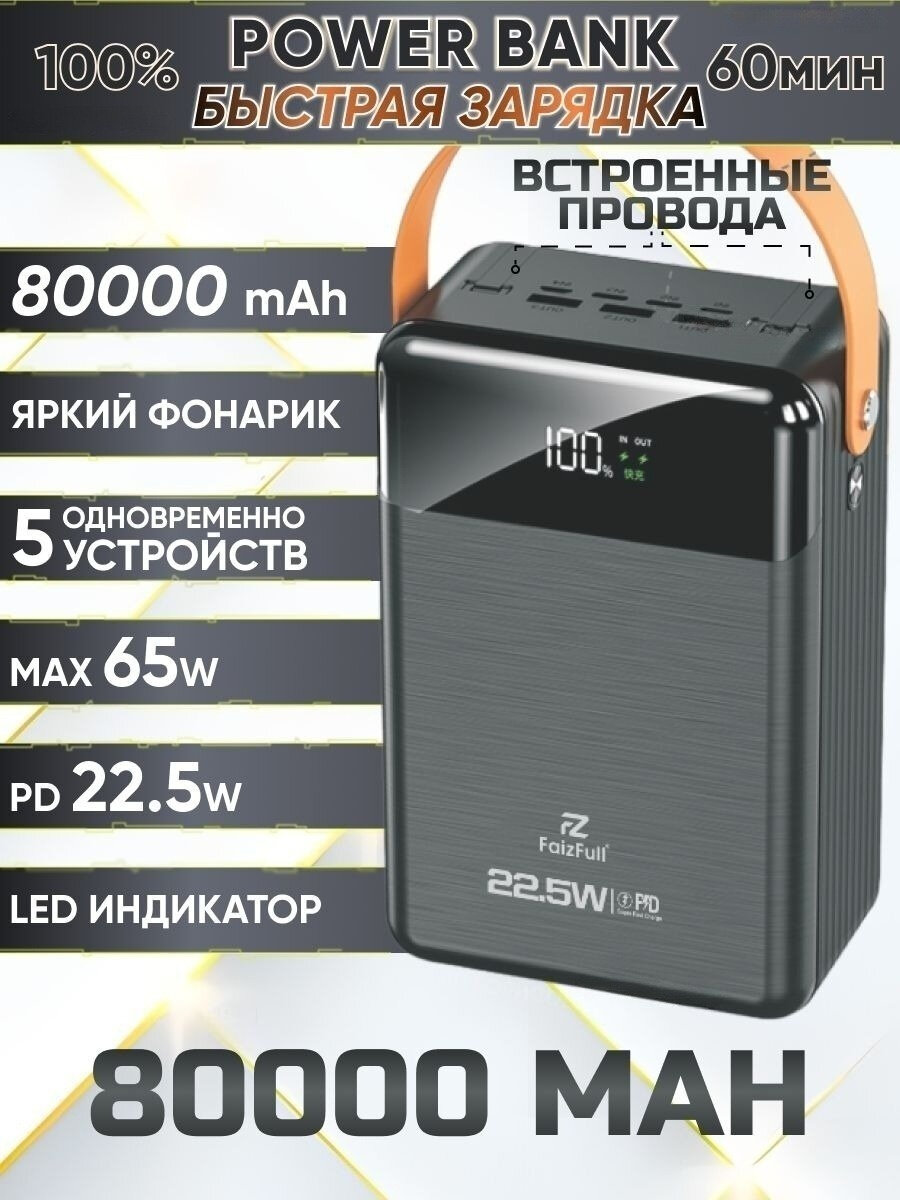 Внешний аккумулятор, power bank, повер банк, портативный аккумулятор, дисплей, 80000 mAh, быстрая зарядка, защита от короткого замыкания, черный