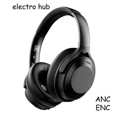 Наушники беспроводные большие полноразмерные накладные Fingertime с шумоподавлением ANC с микрофоном игровые Bluetooth 53 AUX кабель черный LED 403600₽