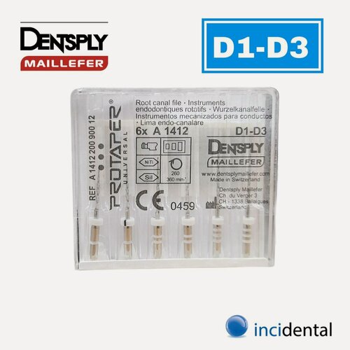 Изображение товара Протейперы Retreatment ( ретритмента ) машин-формир (6шт) ProTaper Дентсплай Майлифер, ( D1-D3 АСC: D1Х2, D2Х2, D3Х2 ), длина 16/18/22мм для перелечивания , распломбировки каналов . от Инсидентал