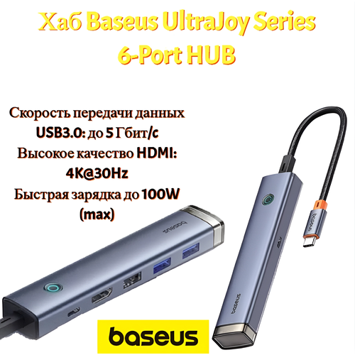 Хаб Baseus UltraJoy Series 6-Port HUB Type-C to HDMI4K30Hz1 USB302 USB201 Type-C301 PD1 B00052802811-01 315000₽