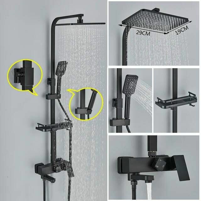 фото Душевой комплект Aurum SPA 2024 с тропическим душем и смесителем для ванной (сталь, ABS пластик) матовый черный