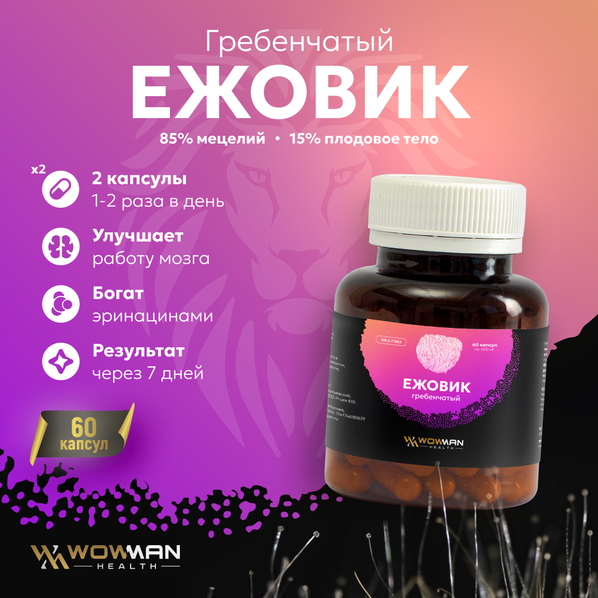 Ежовик(Ежевик) гребенчатый мицелий WowMan 60 капсул по 500 мг