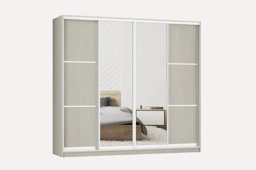 Изображение товара Шкаф купе для одежды Ронни 4, МФ-Купе, с зеркалом, 200х45х240, белье/платье/белье, бодега белая, профиль белый