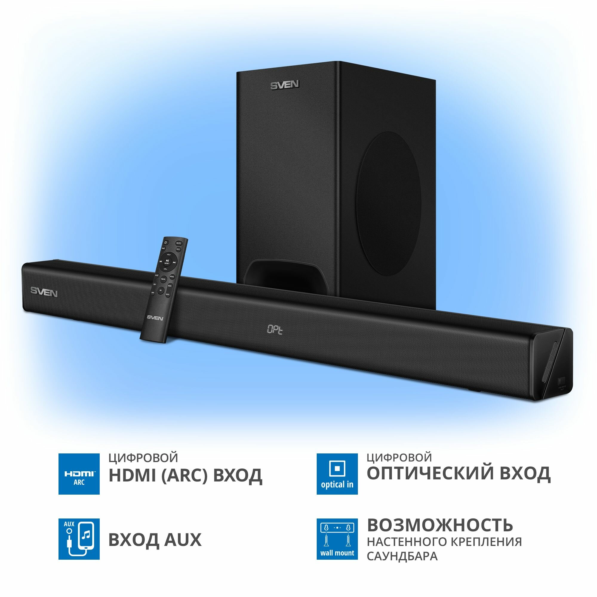 Саундбар с беспроводным сабвуфером SVEN SB-2400DD, с поддержкой Dolby Digital Plus, с Bluetooth, 400 Вт — фото 1