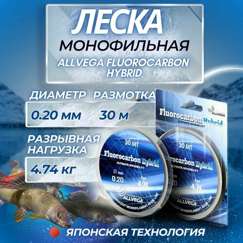 Флюорокарбоновая леска ALLVEGA Fluorocarbon Hybrid, 30 м, 4.7 кг, прозрачная, 1 шт.