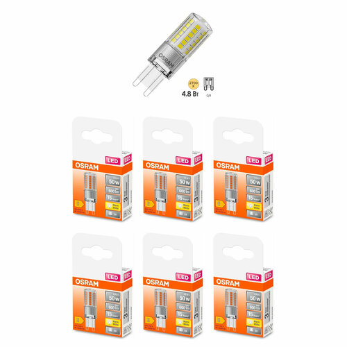 6 шт/уп. Лампа LED Капсула 4.8W 220-240V G9 PIN 600Лм 2700К Угол 320 град. D-18mm L-59mm Свет Теплый белый OSRAM, уп. 6шт