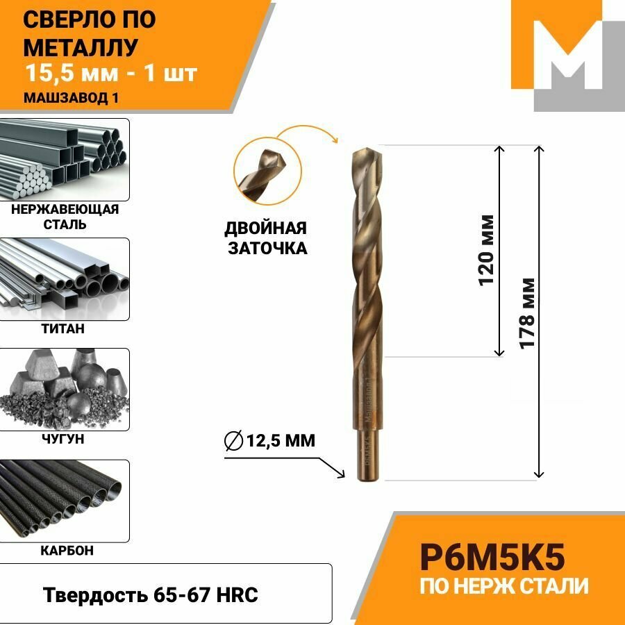 Сверло по металлу 15,5 мм хв. 12.5 мм Р6М5К5 кобальтовое машзавод 1