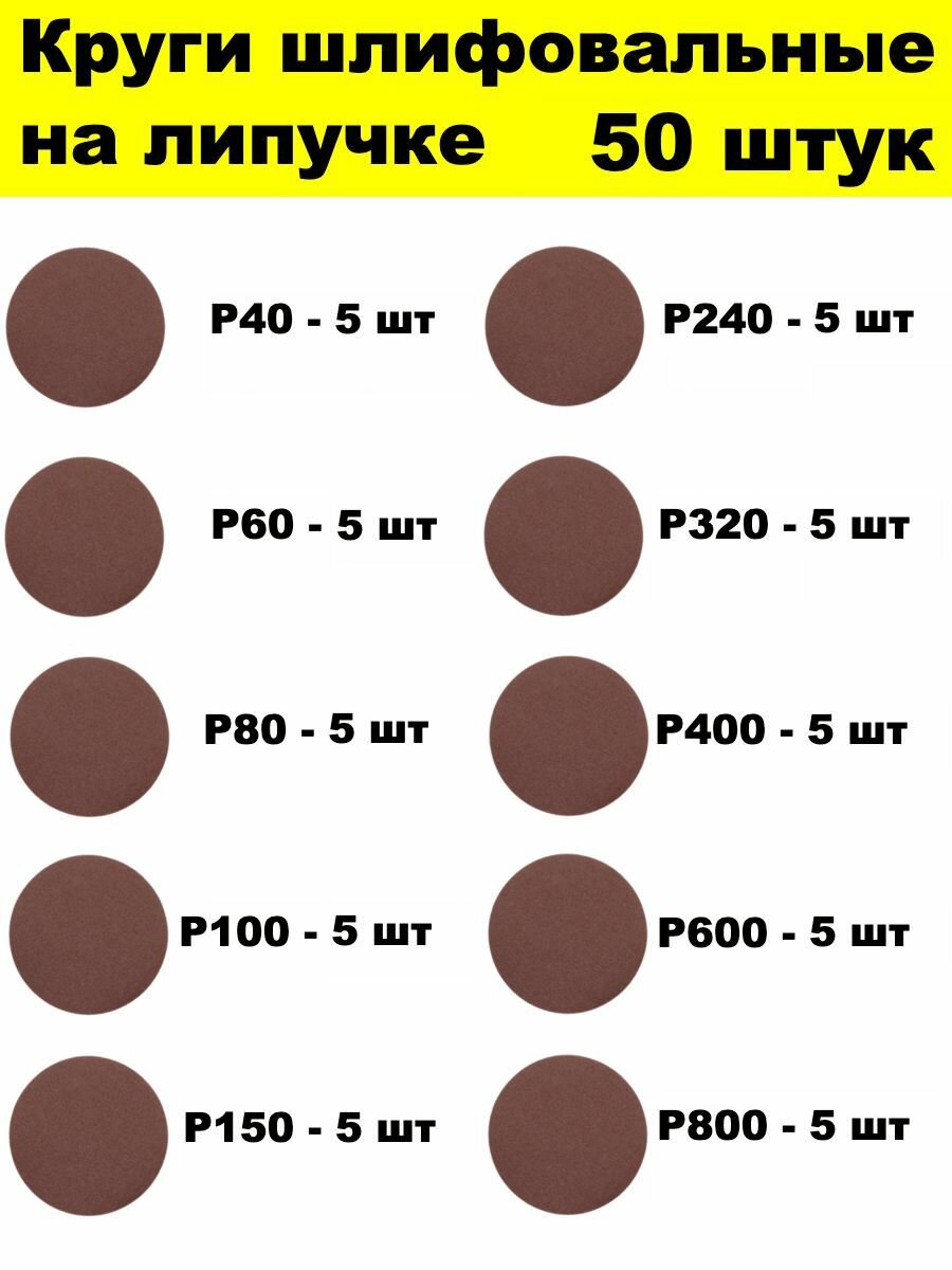 Круги шлифовальные 50 шт Р40 Р60 Р80 Р100 Р150 Р240 Р320 Р400 Р600 Р800 10 зернистостей