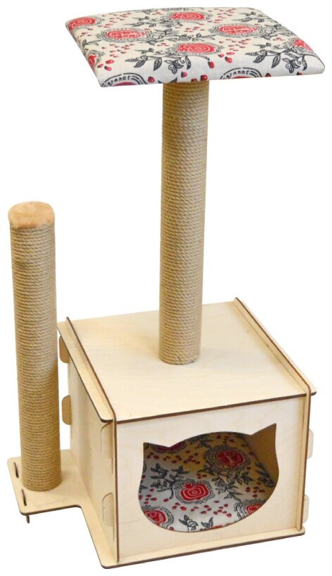 Комплекс для кошек Дом кубик 2 столбика фанера+лён, джут 34*44*81 см - фотография № 1