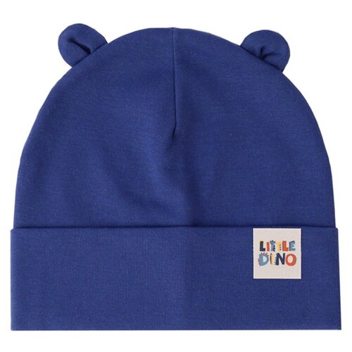 фото Детская шапка бини для малыша девочки и мальчика демисезонная из трикотажа двойная с ушками динозавр, синяя baziator