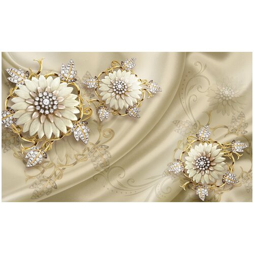 фото Фотообои драгоценные цветы на шелке/ красивые уютные обои на стену в интерьер комнаты/ 3д расширяющие пространство над кроватью или над столом/ на кухню в спальню детскую зал гостиную прихожую/ размер 300х180см/ флизелиновые топ фотообои