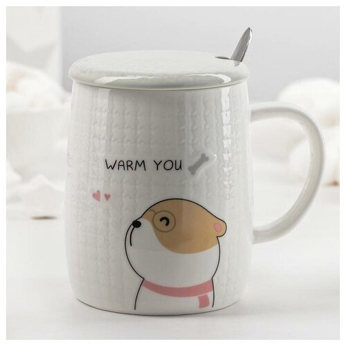 фото Кружка с тобой тепло, 400 мл, с крышкой и ложкой, рисунок микс 3808213 . yandex market