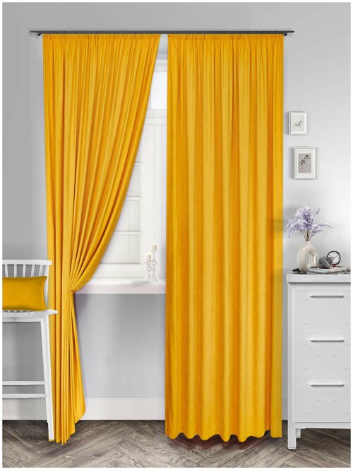 Комплект штор для комнаты канвас Shtoraland на ленте для крючков, две портьеры для гостиной, спальни, детской. Общий размер 300x270 см, желтый