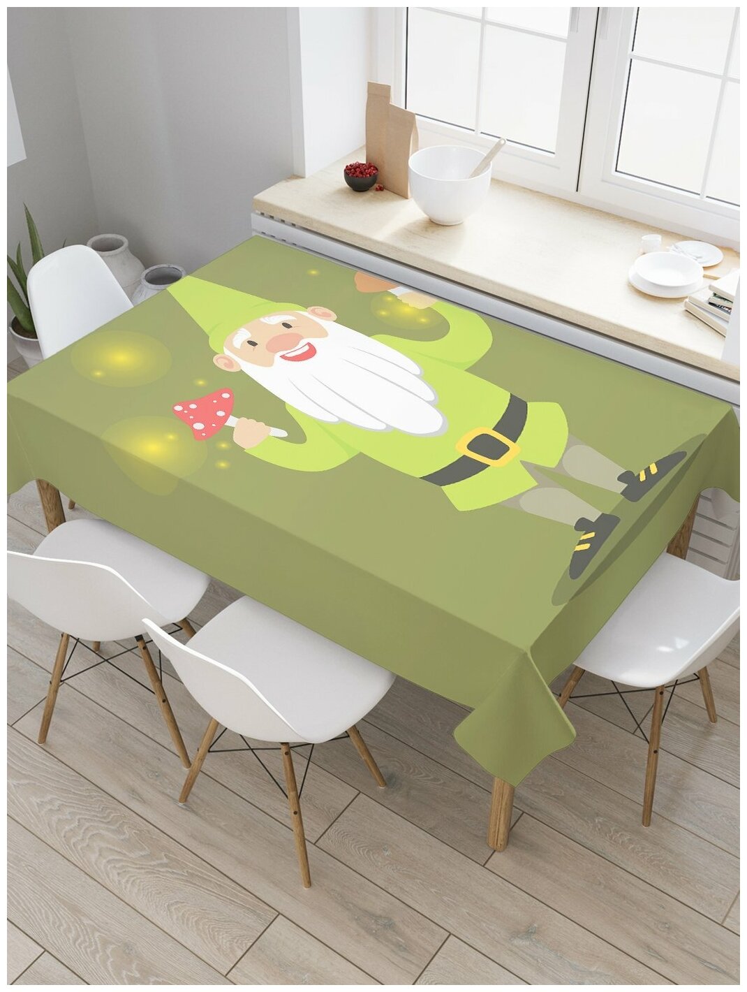Скатерть прямоугольная JoyArty на кухонный стол "Гномик с грибами" из оксфорда, 180x145 см
