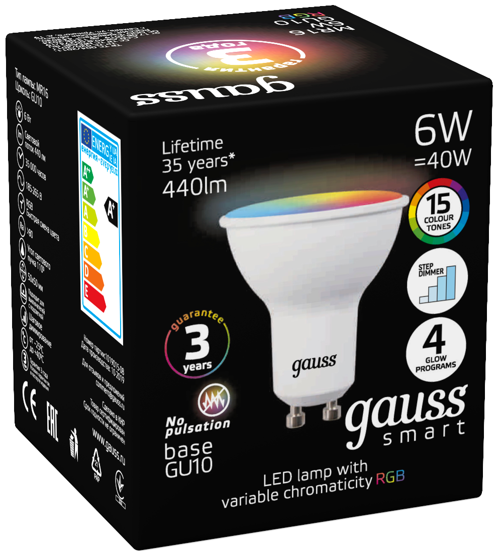 Лампа Gauss Smart MR16 6W GU10 RGBW+dim 1/10/100