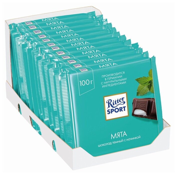 Ritter Sport Риттер шоколад темный с начинкой Мята, 12 шт по 100 г