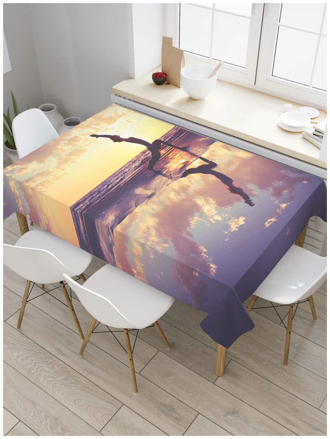 Скатерть прямоугольная JoyArty на кухонный стол "Занятие йогой на берегу" из оксфорда, 120x145 см