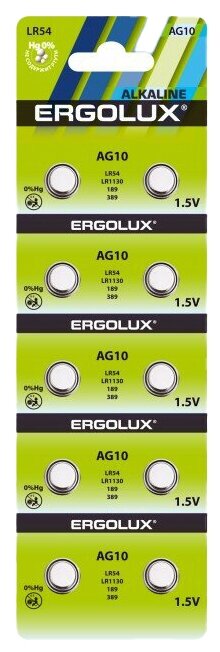 Элемент питания Ergolux AG-10 LR54/LR1130/189/389 10шт на блистере