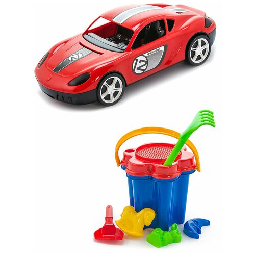 фото Игрушки для песочницы для снега игрушка детский автомобиль (молния) красный + песочный набор цветок karolina toys