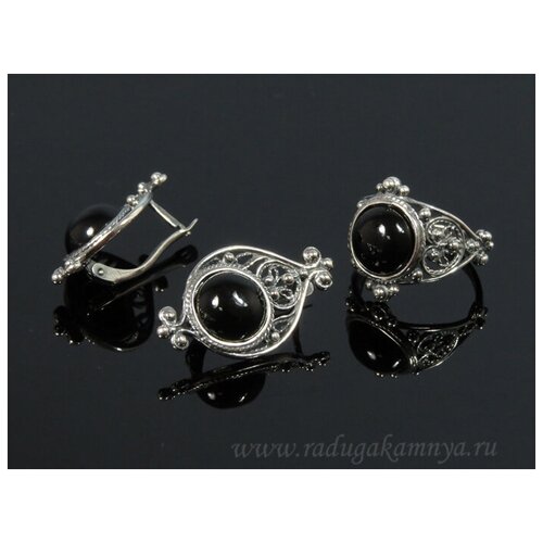 Комплект бижутерии: кольцо, серьги, агат, размер кольца 17, черный комплект бижутерии кольцо серьги агат размер кольца 17 черный