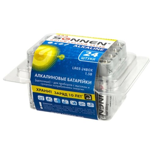 Батарейки комплект 24 шт, SONNEN Alkaline, ААА (LR03, 24А), алкалиновые, мизинчиковые, короб, 455096 1 шт.