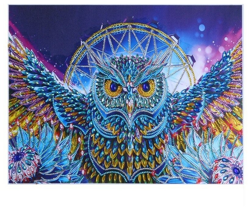 фото Хрустальная сова (цена производителя) каролинка. Алмазная мозаика с декор. элементами 5Д 40х50см
