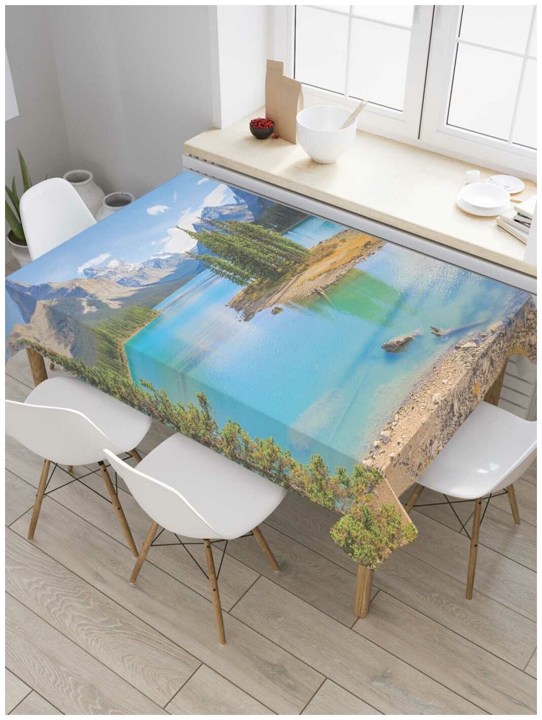 Скатерть прямоугольная JoyArty на кухонный стол "Природный остров на горной реке" из оксфорда, 180x145 см