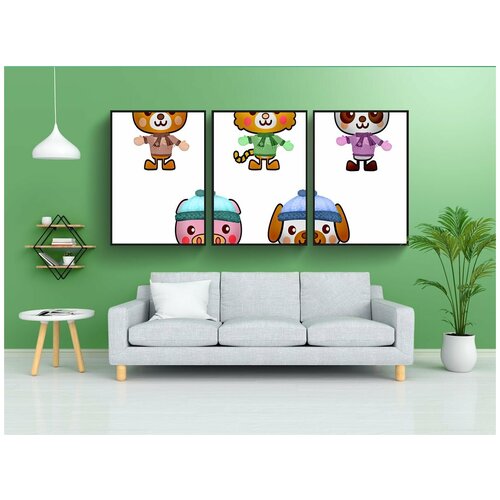 фото Набор модулных постеров для интерьера "каваи животных, зимние животные, каваи" 60x90 см. в тубусе, без рамки lotsprints